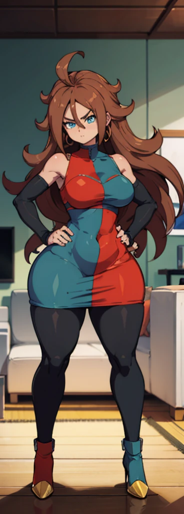 android 21, pose lateral, She is sideways to the spectator, sideways to camera, long brown hair, blue colored eyes, plaid dress, pantyhose, looking to the side, pose lateral, standing, ele está standing, serious, livingroom, light bulb, high qualiy, work of art, legs thick, big-ass, body healed,