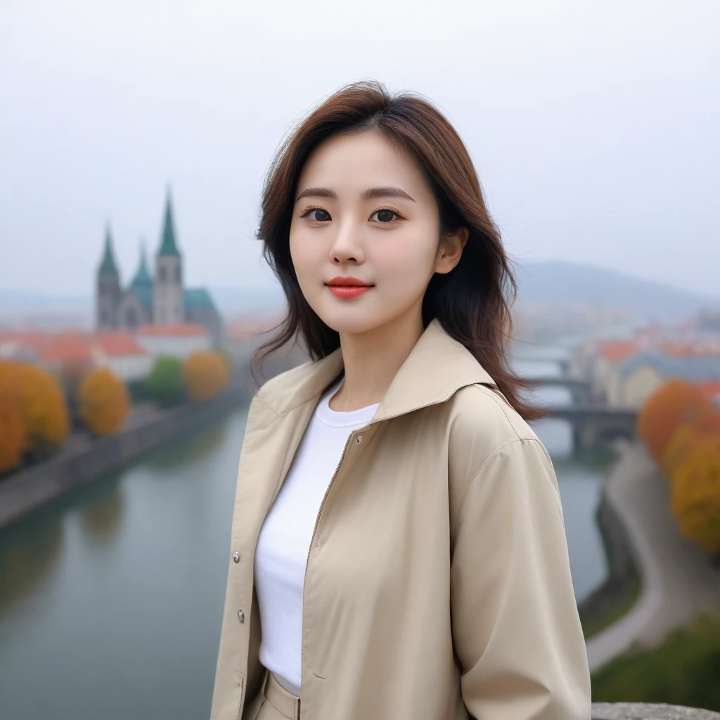 8k best picture quality, Beautiful 36-year-old Korean woman, You have good skin and big and pretty eyes... Chest size 34 inches, Traveling in Europe in the fall season, The cathedral can be seen in the distance in thick fog., The back background is realistic and vivid quality., Short and medium hair blowing in the wind. I wore a very thin, high-quality windbreaker over my neck polar.. Wearing beige casual pants, I'm smiling. Short and slim Korean woman, Full body photo taken with Canon Mark 5 camera 16-35 wide angle lens, One woman with big and pretty eyes, eyes are round and big. standing on a hill overlooking the river