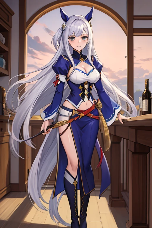 (masterpiece, Highest quality:1.2), One girl, alone, Mejiro McQueen, Mejiro McQueen\(umamusume\), Silver Hair, Long Hair, Horse&#39;s ears, Horse Girl, Long Hair, Glowing Eyes, Layered skirt, (Dark Magical Girl), corruption, Combatant, Pelvic Curtain, View your viewers, Shiny skin, on stage, concert, Spotlight