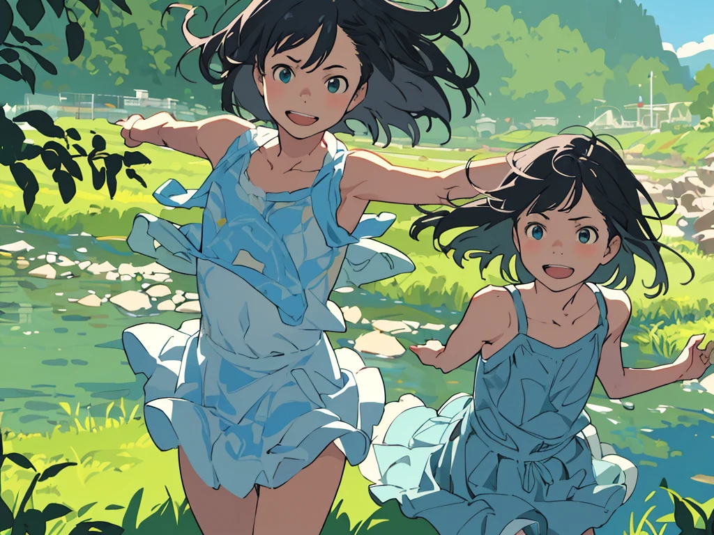reasonable design, Clear lines, High Sharpness, (highest quality,8K,Perfect sharpness,Ultra fine,High resolution,masterpiece:1.2), Perfect Anatomy:1.5, Official Art, Illustrations that tell a story, (Whitish background:0. 9)、Body Positivity、More Mr.Physical expression、(Random and mischievous poses)、Perfect beauty、Perfect beautiful face、Strong winds、A rich expression、Dynamic composition、smile、Golden ratio composition、colorful、(Mr.Different angles and perspectives)、anime art、mini skirt、(Overcoming stereotypes)、 Glowing Skin、(Natural beauty)、smile、bangs、Straight Hair、(Soft and flowing hair)、(Rural Scenery)、(Nostalgic atmosphere)、Insert up to the thighs、(Playful and carefree)、(More Mr.Ethnic characters)、(innocent attitude)、(Sunny atmosphere)、Skirt flipped up、(Bright colors)、Belly button exposed、Beautiful Eyes、A skirt fluttering in the wind、Put it in to your feet、Some composition patterns、Tank top、ル、sensuous、Geometric pattern、