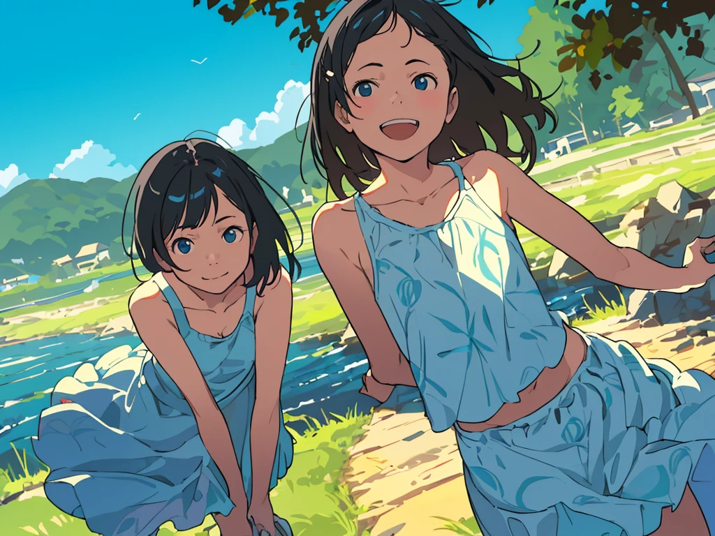 reasonable design, Clear lines, High Sharpness, (highest quality,8K,Perfect sharpness,Ultra fine,High resolution,masterpiece:1.2), Perfect Anatomy:1.5, Official Art, Illustrations that tell a story, (Whitish background:0. 9）、Body Positivity、More Mr.Physical expression、（Random and mischievous poses）、Perfect beauty、Perfect beautiful face、Strong winds、A rich expression、Dynamic composition、smile、Golden ratio composition、colorful、（Mr.Different angles and perspectives）、anime art、mini skirt、（Overcoming stereotypes）、 Glowing Skin、（Natural beauty）、smile、bangs、Straight Hair、（Soft and flowing hair）、（Rural Scenery）、（Nostalgic atmosphere）、Insert up to the thighs、（Playful and carefree）、（More Mr.Ethnic characters）、（innocent attitude）、（Sunny atmosphere）、Skirt flipped up、（Bright colors）、Belly button exposed、Beautiful Eyes、A skirt fluttering in the wind、Put it in to your feet、Some composition patterns、Tank top、ル、sensuous、Geometric pattern、