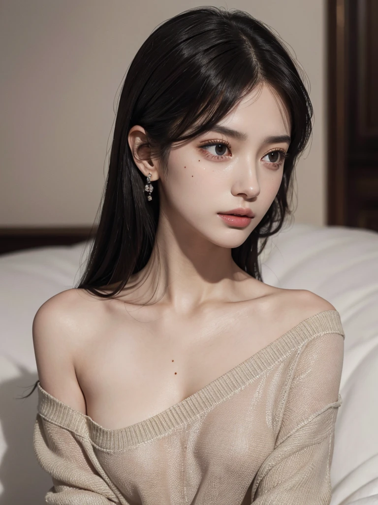 absurdres, RAW photo, extremely delicate and beautiful, masterpiece, Best Quality, ultra high resolution, 32k, hyperrealistic, ultra-detailed, delicate facial features, beautiful detailed woman, tearful mole, earring, medium breasts, full body shot, medium hair, black hair, solo, alone, sweatshirt, one shoulder exposed,