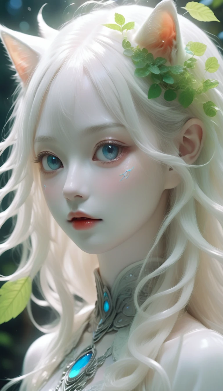 White Cat Girl,(A girl made from fresh plants),forest,plant,Beautiful psychedelic psychedelic white complex,Cute face,Long Hair,8K、
