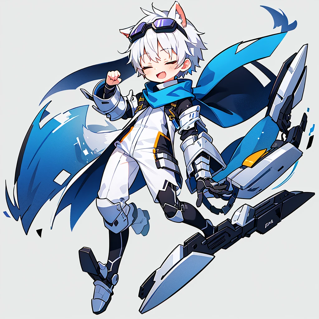 ((1 boy)),solo,illustration,wolf ears,((blue ski goggles on head)) , Open your mouth,close one eye,(transparent background),(Blue and white full body mechanical armor),turtleneck bodysuit,scarf,white boots, anatomically correct,forward bend