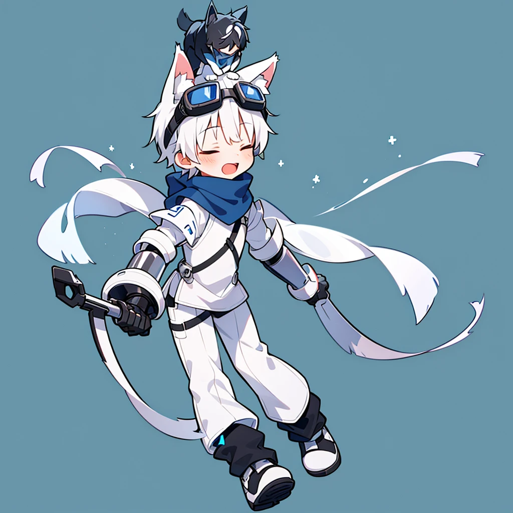 ((1 boy)),solo,illustration,wolf ears,((blue ski goggles on head)) , Open your mouth,close one eye,(transparent background),(Blue and white full body mechanical armor),turtleneck bodysuit,scarf,white boots, anatomically correct,forward bend
