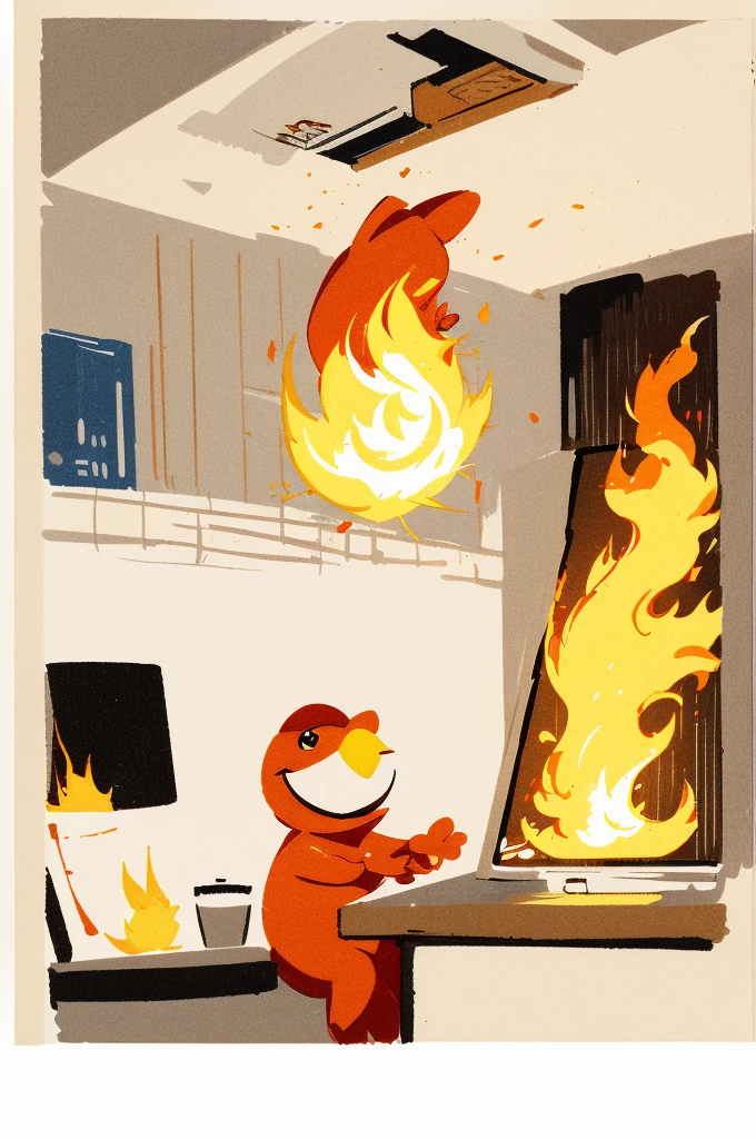 (Masterpiece, best quality, 2D illustration, 2d, The best of Artstation),(1 Elmo fool, fool, Elmo, red fur:1.1), Sitting behind a desk, Elmo as a programmer, light yellow round, Computer screens have many errors., mac pro computer, (Everything is on fire, A coffee cup is on fire.,The room was on fire., chaos in the background, Thick clouds of smoke accumulated on the ceiling.,Large flame:1.2), Elmo is holding his flaming coffee cup with two hands, (furry arms:1.3)