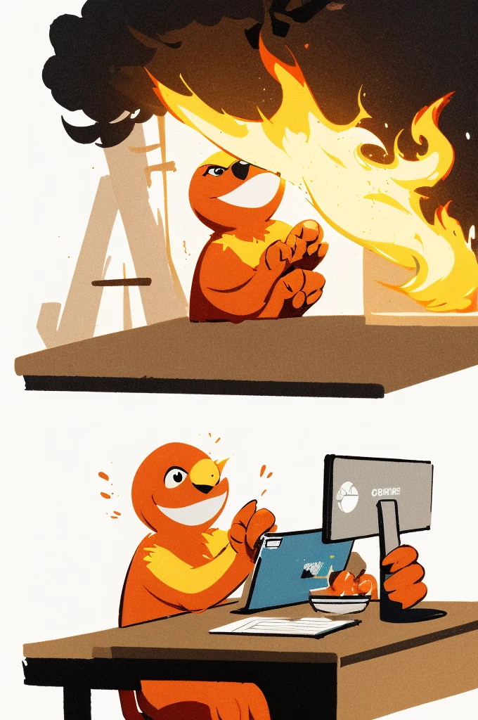 (Masterpiece, best quality, 2D illustration, 2d, The best of Artstation),(1 Elmo fool, fool, Elmo, red fur:1.1), Sitting behind a desk, Elmo as a programmer, light yellow round, Computer screens have many errors., mac pro computer, (Everything is on fire, A coffee cup is on fire.,The room was on fire., chaos in the background, Thick clouds of smoke accumulated on the ceiling.,Large flame:1.2), Elmo is holding his flaming coffee cup with two hands, (furry arms:1.3)