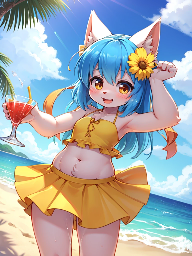 sunny beach , girl , (curtsy) , excitement in anticipation , I want everyone to see it , Tilt the glass of juice
