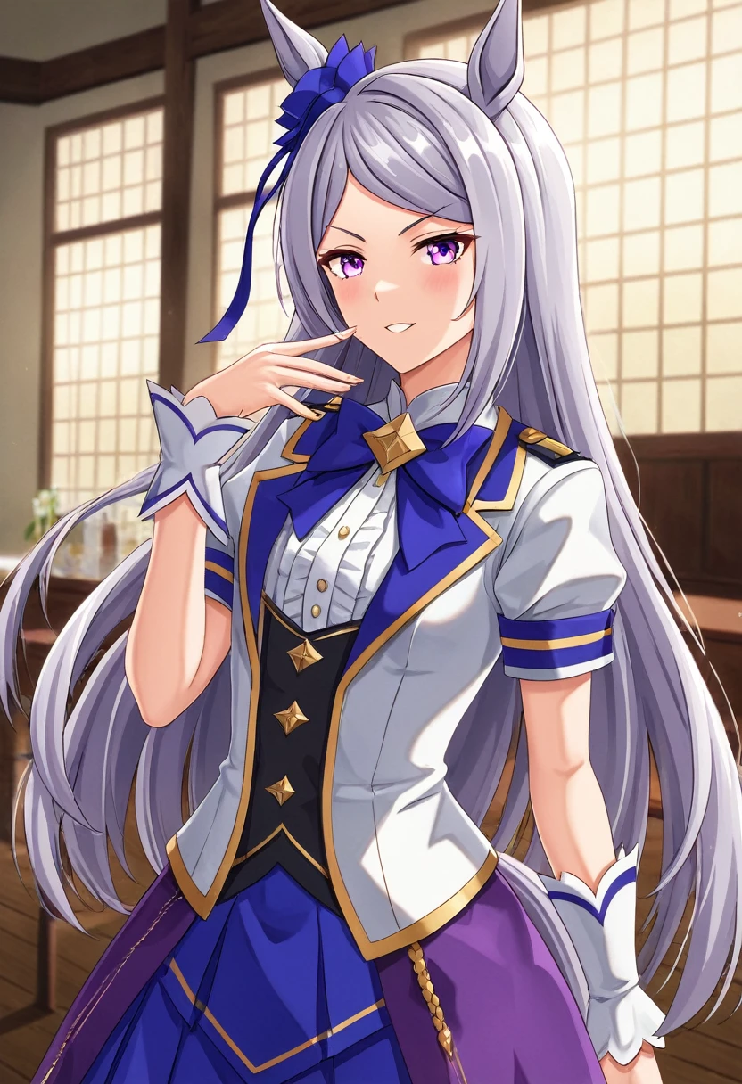 (masterpiece, Highest quality:1.2), One girl, alone, Mejiro McQueen, Mejiro McQueen\(umamusume\), Silver Hair, Long Hair, Horse&#39;s ears, Horse Girl, Long Hair, Glowing Eyes, Layered skirt, (Dark Magical Girl), corruption, Combatant, Pelvic Curtain, View your viewers, Shiny skin, on stage, concert, Spotlight