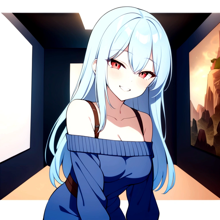 ultra detailed, sharp focus, best quality, masterpiece, colorful, 1girl, shadow, red glowing eyes, grin, wolf face, ((grin)), ((off-shoulder sweater:1.3, Quite thick shoulder straps)), ((blue thin dress.)), ((long hair)), (((from side))), ((((upper body)))), ((Leaning to side)), countless stars twinkling in the clear air))), ((sitting on the very high cliff)), ((sea)), breasts, teenager, (looking at viewer), puffy long sleeves, collarbone, head tilt:1.3, (((red eyes))), happy smile, (((anime style))), (best quality, 4K, 8K, highres, masterpiece:1.2, ultra-detailed, ultra-detailed eyes, HDR, uhd, studio lighting, ultra-fine painting, sharp focus, physically-based rendering, extreme detail description, professional, vivid colors, bokeh)
