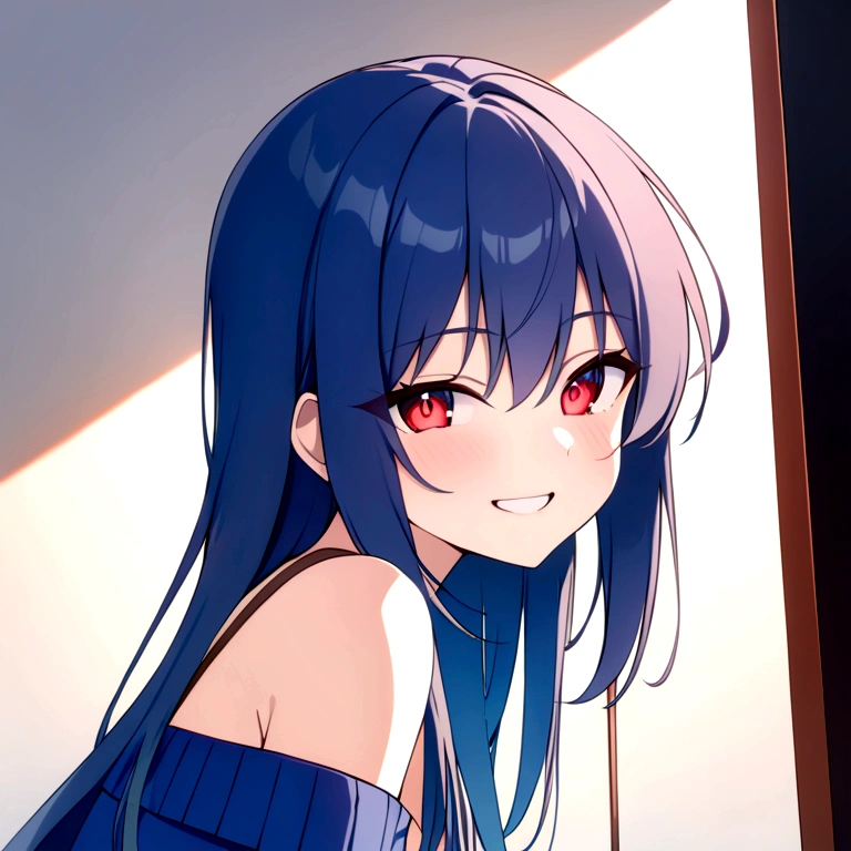 ultra detailed, sharp focus, best quality, masterpiece, colorful, 1girl, shadow, red glowing eyes, grin, wolf face, ((grin)), ((off-shoulder sweater:1.3, Quite thick shoulder straps)), ((blue thin dress.)), ((long hair)), (((from side))), ((((upper body)))), ((Leaning to side)), countless stars twinkling in the clear air))), ((sitting on the very high cliff)), ((sea)), breasts, teenager, (looking at viewer), puffy long sleeves, collarbone, head tilt:1.3, (((red eyes))), happy smile, (((anime style))), (best quality, 4K, 8K, highres, masterpiece:1.2, ultra-detailed, ultra-detailed eyes, HDR, uhd, studio lighting, ultra-fine painting, sharp focus, physically-based rendering, extreme detail description, professional, vivid colors, bokeh)