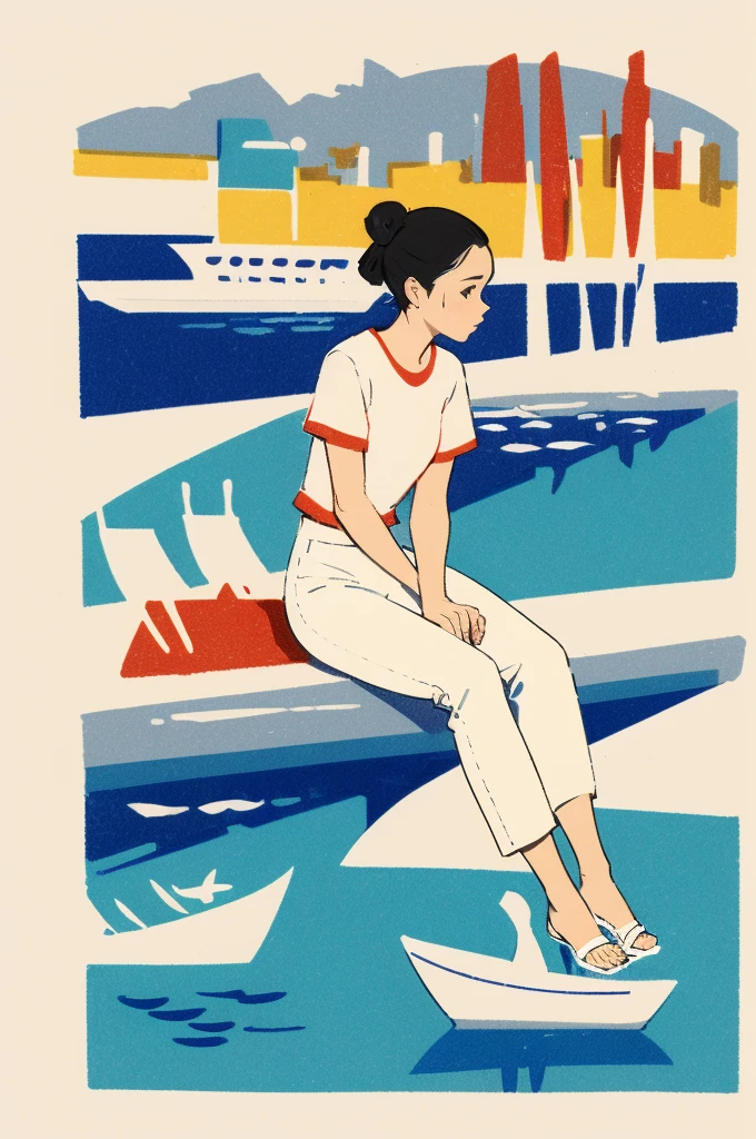 Candid outdoor photograph featuring a young woman sitting on a concrete ledge by the water. She has a light skin tone, dark hair tied in a bun, and is wearing a white t-shirt, beige pants, and black sandals. The background showcases a calm body of water with several small fishing boats, one of which is red with blue and white details, and has the text 'S. Geely' visible on its side. The skyline in the distance includes a mix of tall buildings and hills under a partly cloudy sky.