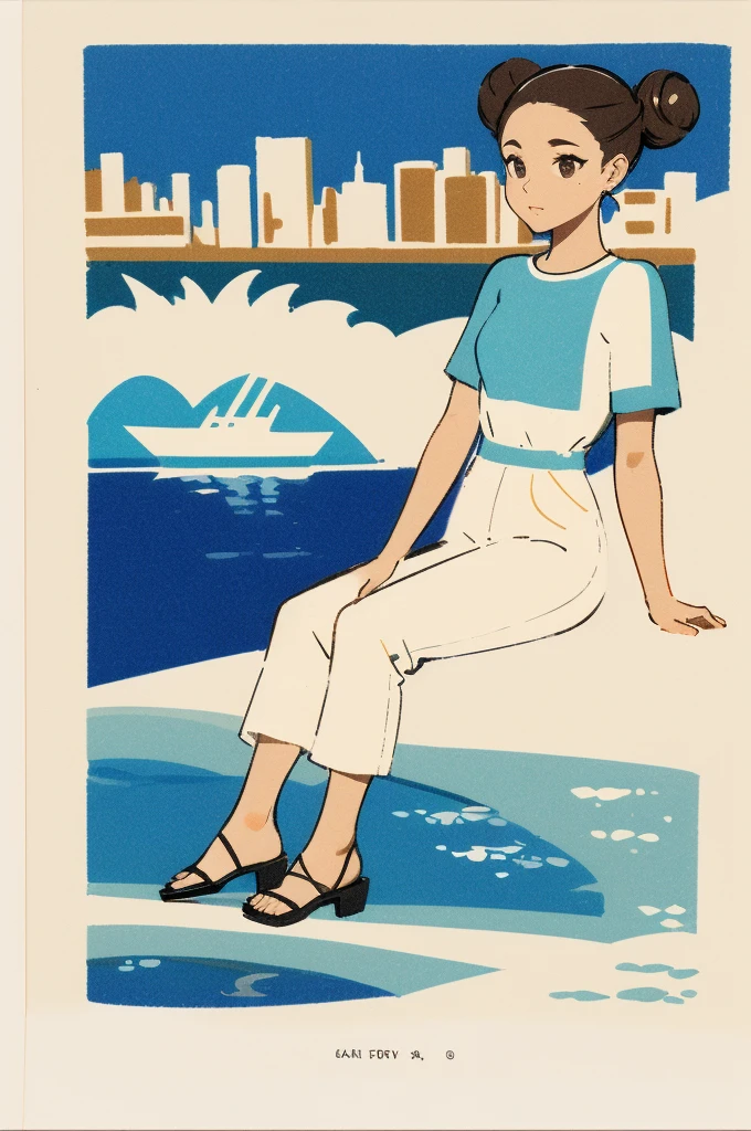 Candid outdoor photograph featuring a young woman sitting on a concrete ledge by the water. She has a light skin tone, dark hair tied in a bun, and is wearing a white t-shirt, beige pants, and black sandals. The background showcases a calm body of water with several small fishing boats, one of which is red with blue and white details, and has the text 'S. Geely' visible on its side. The skyline in the distance includes a mix of tall buildings and hills under a partly cloudy sky.