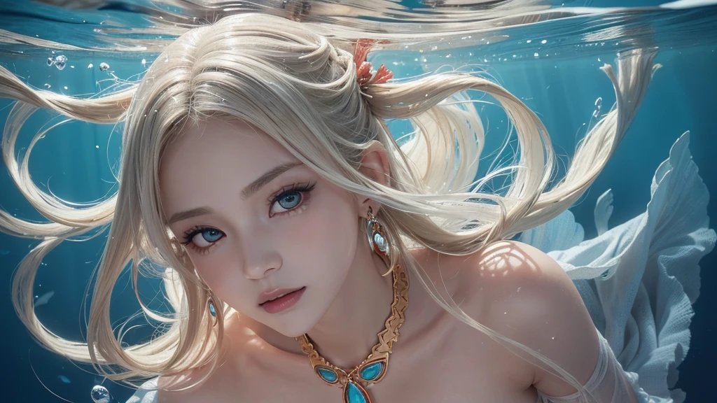 （Highest Quality Realistic Textured Skin),(terrible),(OK, round, Symmetrical eyes),Delicate facial features,(Burning bright cold eyes),(She has a mischievous smile),(Her face is kind and beautiful),Glass earrings in the ears,,(blonde),(Silvery white hair),(Chestnut Hair),(Swim at the bottom of the ocean)，(Full body portrait:1.5),(Dramatic Photos:1.4),(Dramatic Pose),(Flashy photos)(look up),(Looking down),(Around her neck is a simple necklace made with exquisite craftsmanship.),Cluttered photos，(Hair flowing in water:1.5),(Underwater, Life at sea, 美しいCoral Reef, fish),(Background vortices and currents),(Dramatic Light),(Nice views),(美しいfishに囲まれて),遠くの背景にはCoral Reefに沈んだ寺院が見える,Coral Reef,Spectacular realism,Cinematic atmosphere,(High-density image review:1.5),(Soft colors:1.2),Very detailed,Dramatic Light,(Intricate details:1.1),Complex background,