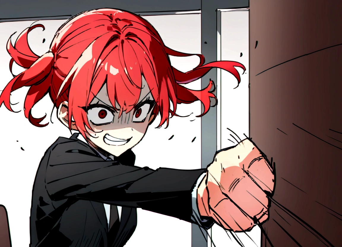 Red hair、Black suit、punch、Scary smile、office、Daytime、punching,Front facing,Momentum、Front facing