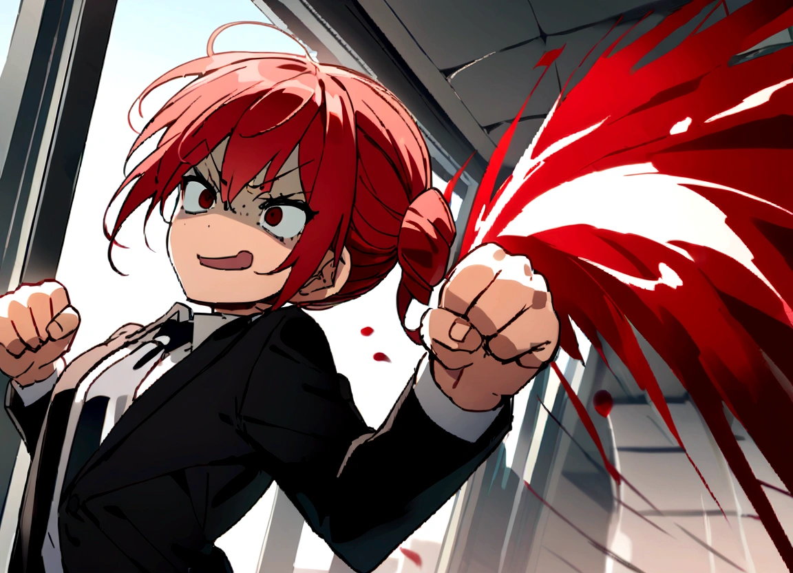 Red hair、Black suit、punch、Scary smile、office、Daytime、punching,Front facing,Momentum、Front facing
