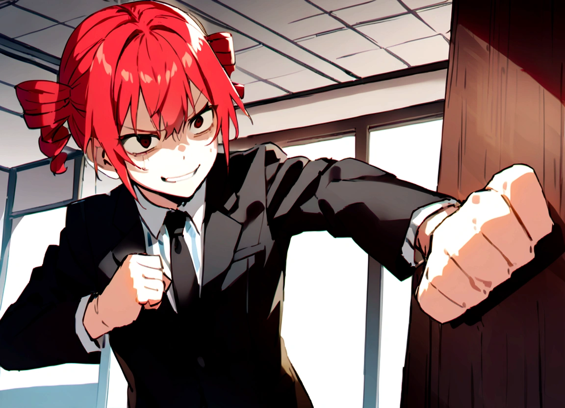 Red hair、Black suit、punch、Scary smile、office、Daytime、punching,Front facing,Momentum、Front facing