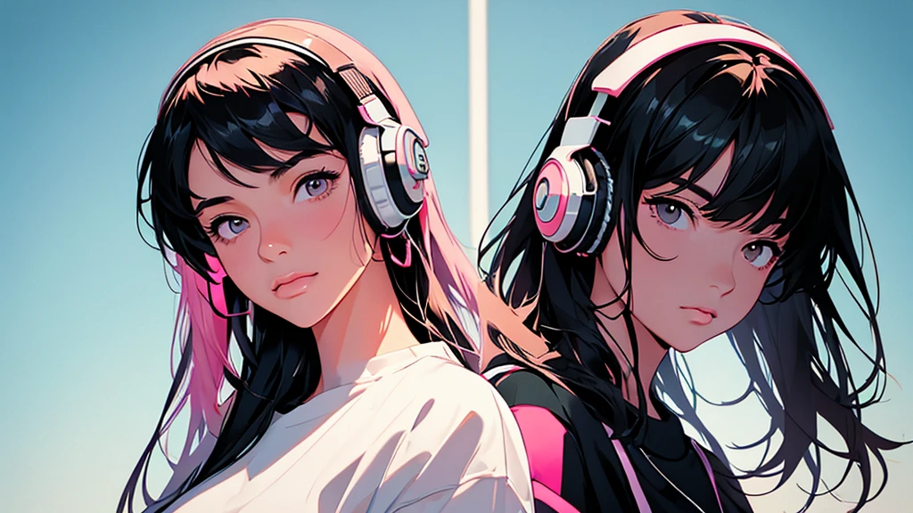 High resolution,Super detailed,Realistic,Portraiture,White women,18-year-old,Black Hair, bangs,Hazel Iris,Toned Up,Physically slim,Realistic proportions,Anatomically correct,university student,smile, Pink Cheeks; Intimate distance,Dark soft lighting,hiphop girl,Neon Hair,Textured Trim, (masterpiece,Highest quality), lofi, Battle DJ girl in HIPHOP fashion wearing DJ headphones