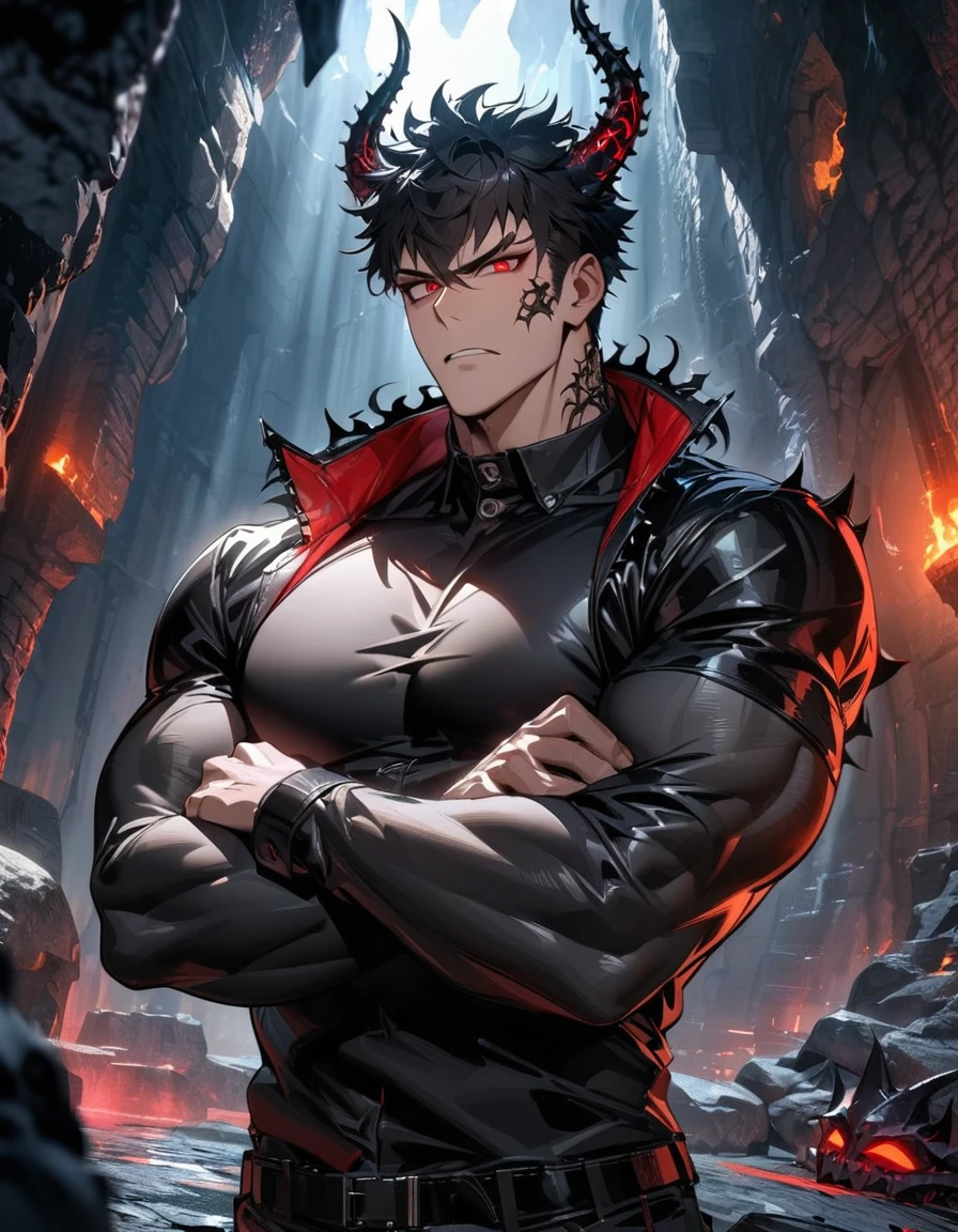 absurdres, highres, ultra detailed, muscular male, gigachad, HDR, masterpiece, Ren Zotto, vtuber, black hair, expressive red eyes, demon, black horns, 1man, handsome, black leather jacket, arms crossed, inside a dungeon, cave