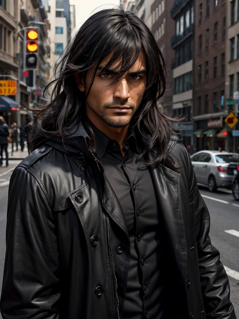 (best quality), 1boy, mature man, tanned skin, black hair, (bangs over eyes), long hair, wavy hair, messy hair, brown eyes, perfect eyes, stubble, black trench coat, black clothes, hitman, fully clothed, serious expresssion, strong jawline, muscular, broad, masculine, stoic, masterpiece, anatomically correct, highres

