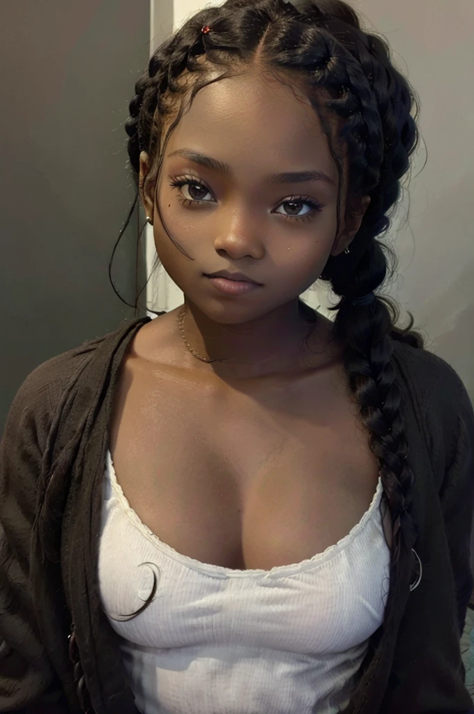 cute, Dark skin, ager, beautiful face, deep ebony, showing breasts, braided Afro ponytail , SFW