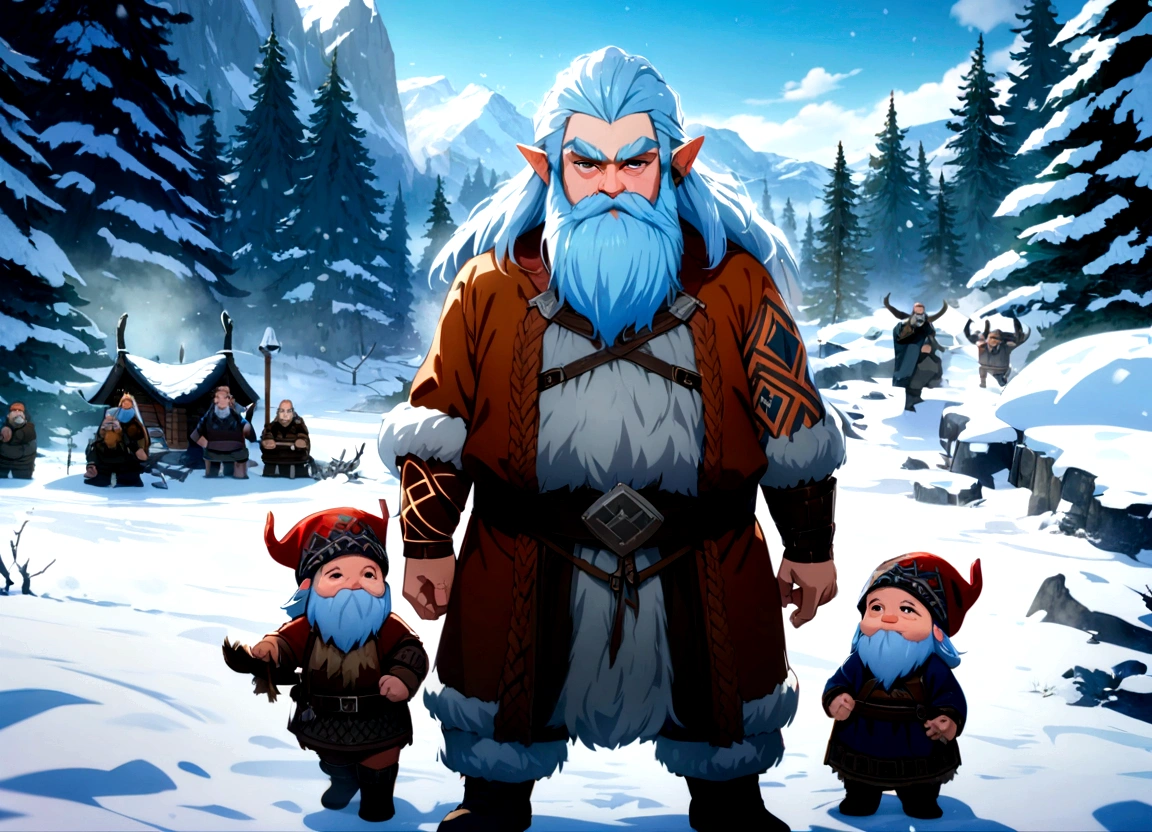 Highest quality, Very high resolution, Detailed 4K CG, masterpiece, Dwarf, 4人のDwarf, Dwarf vikings,Norwegian, Dwarf man, Rune tattoos, snow, Tall tree々, blue sky, Norwegian mythology, Rune tattoo, Beautiful aesthetics, Beautiful images , Centralized Camera