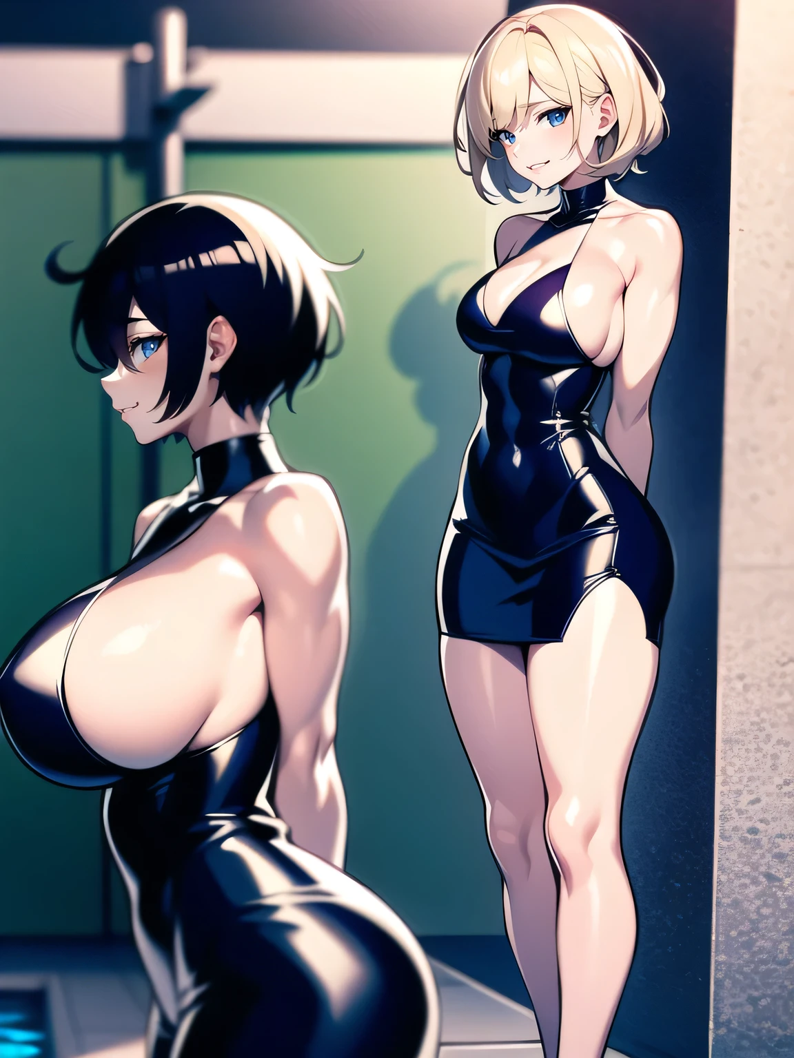 (high resolution digital image), (full length photograph), deep DOF, nsfw, male gaze, male lust, bad daddy spying on his by the pool, (1girl,:1.3) blonde teen, short hair, messy hair, taboo busty teen temptation, slender skiny fit teen, bare lean abdomane, long slender legs, standing, sexy pose