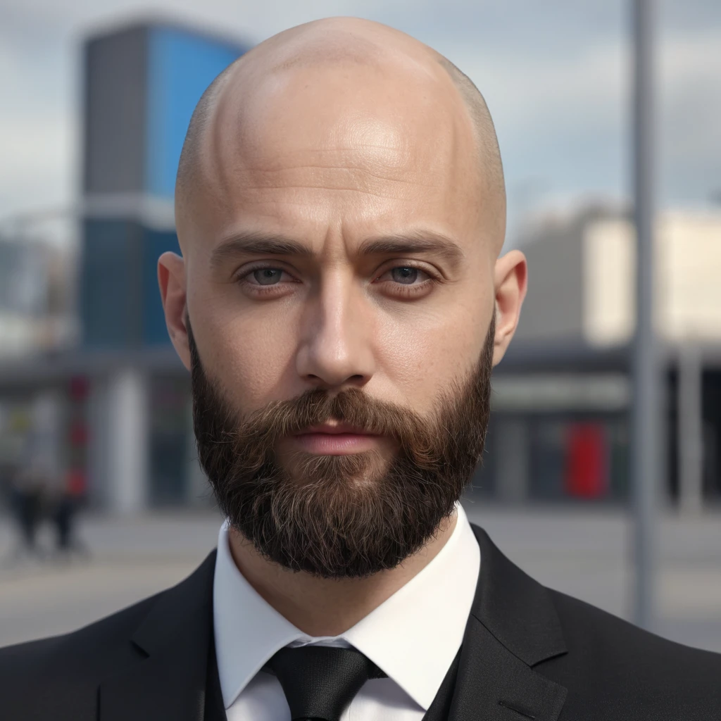 30 year old man. Ultra realistic. 4k. Bald. Bearded.  Well dressed. Head and shoulders. Wearing black suit
