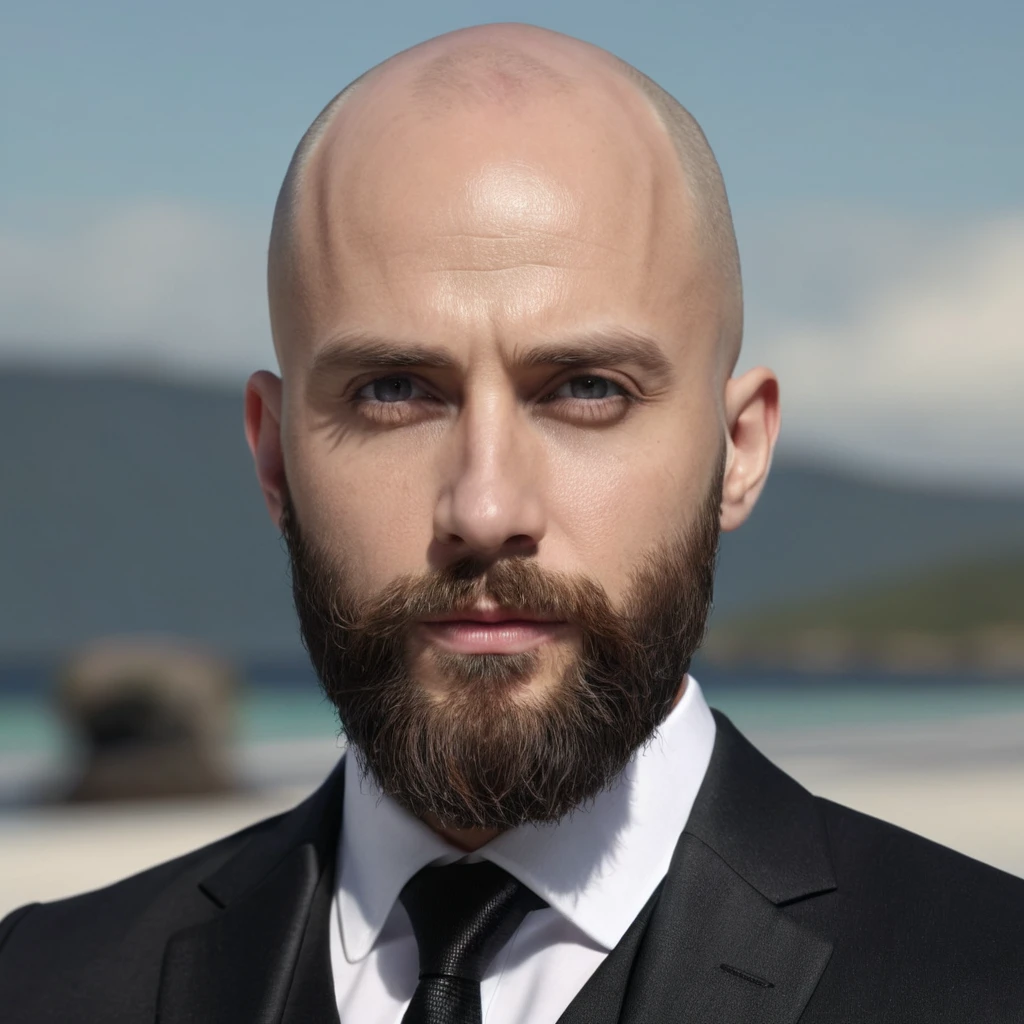 30 year old man. Ultra realistic. 4k. Bald. Bearded.  Well dressed. Head and shoulders. Wearing black suit