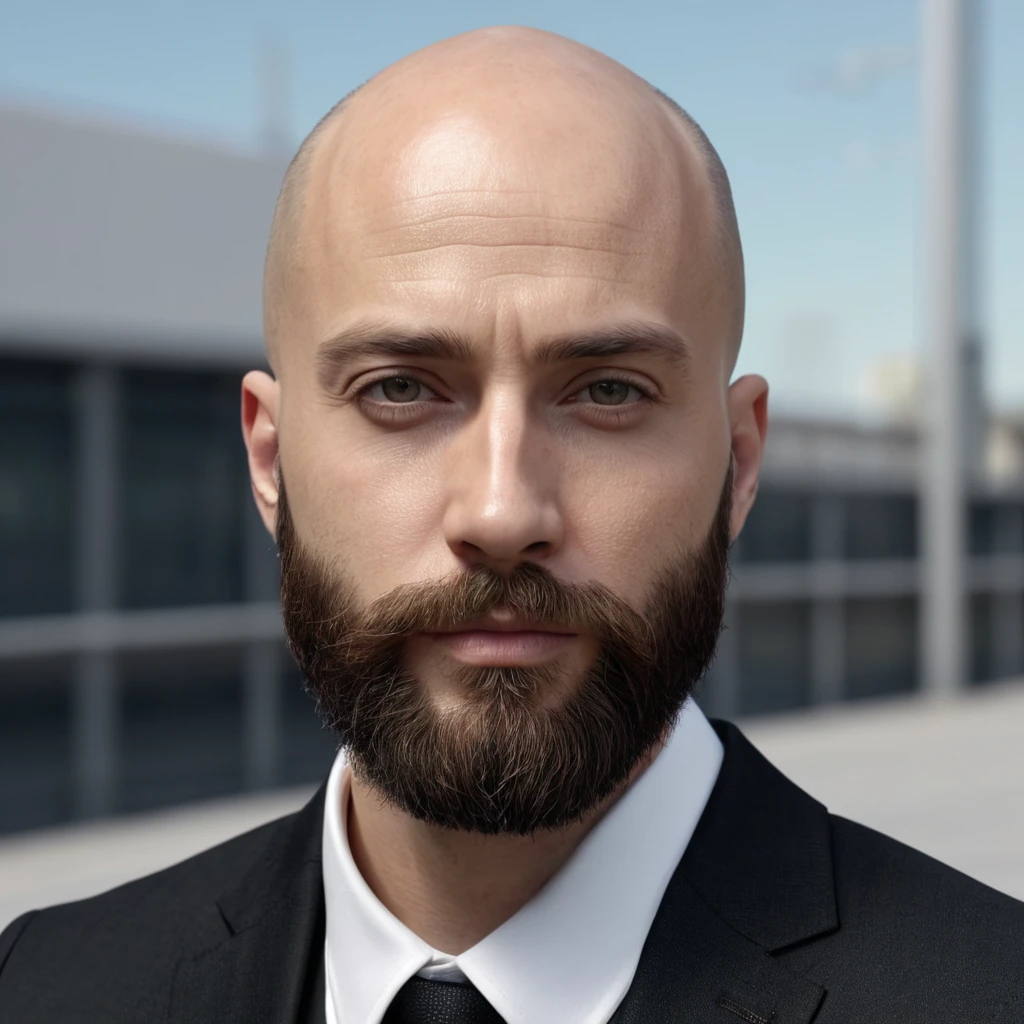 30 year old man. Ultra realistic. 4k. Bald. Bearded. Well dressed. Head and shoulders. Wearing black suit