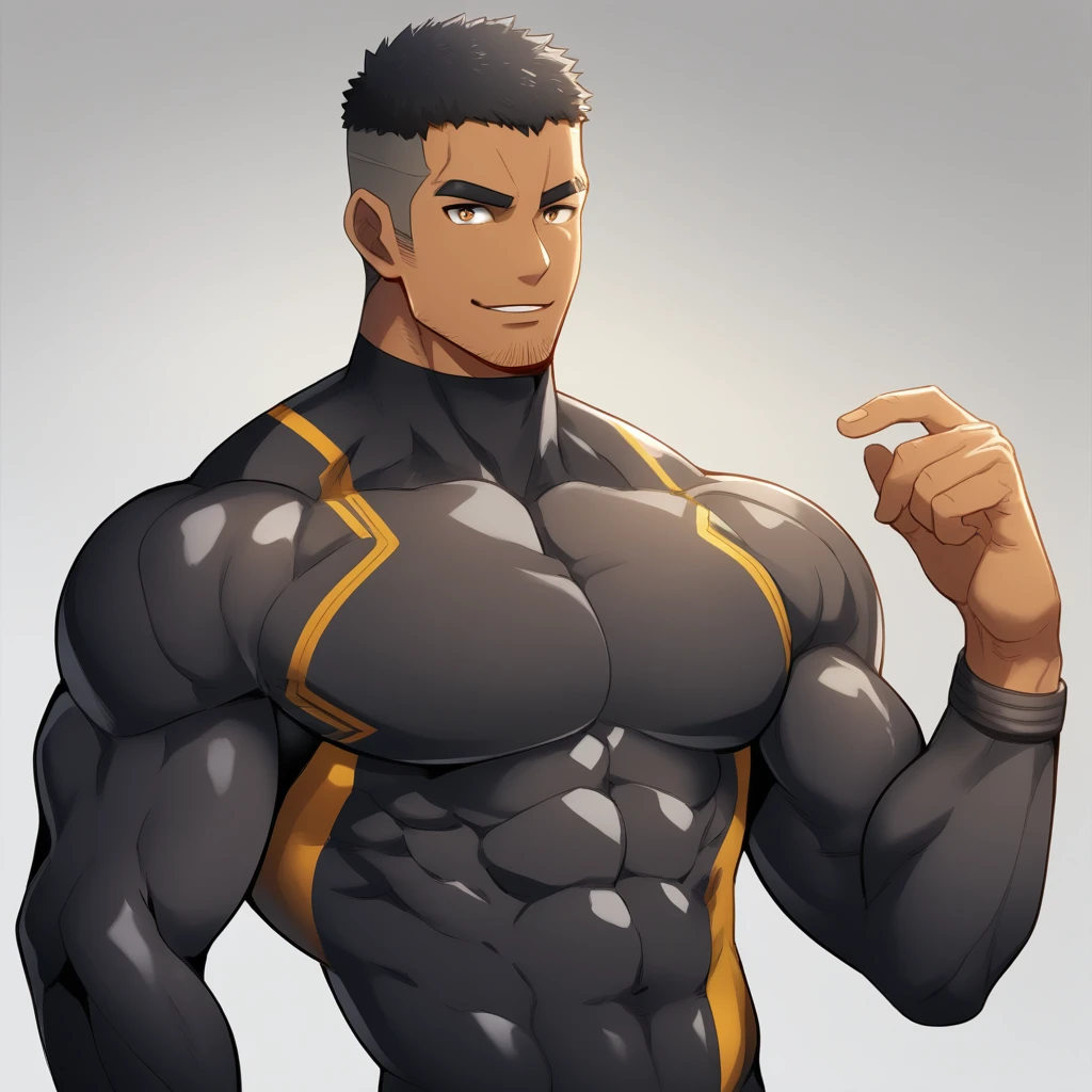 anime characters：Gyee, Muscle Sports Student, negro black skin, 1 dark skin muscular tough guy, Manliness, male focus, Brown long-sleeved high-necked tight diving suit, Very tight, Round, full and perky chest muscles, Perfect waist line, Slightly transparent, muscular male, muscular, only, Upper body, alone, Black short hair, Thick eyebrows, stubble, Brown eyes, Grey background, simple background, amazing quality, best aesthetics, Ridiculous, bright pupils, crew cut, parted lips, seductive smile, torogao, naughty face, best quality