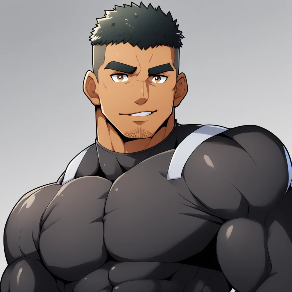 anime characters：Gyee, Muscle Sports Student, negro black skin, 1 dark skin muscular tough guy, Manliness, male focus, Brown long-sleeved high-necked tight diving suit, Very tight, Round, full and perky chest muscles, Perfect waist line, Slightly transparent, muscular male, muscular, only, Upper body, alone, Black short hair, Thick eyebrows, stubble, Brown eyes, Grey background, simple background, amazing quality, best aesthetics, Ridiculous, bright pupils, crew cut, parted lips, seductive smile, torogao, naughty face, best quality