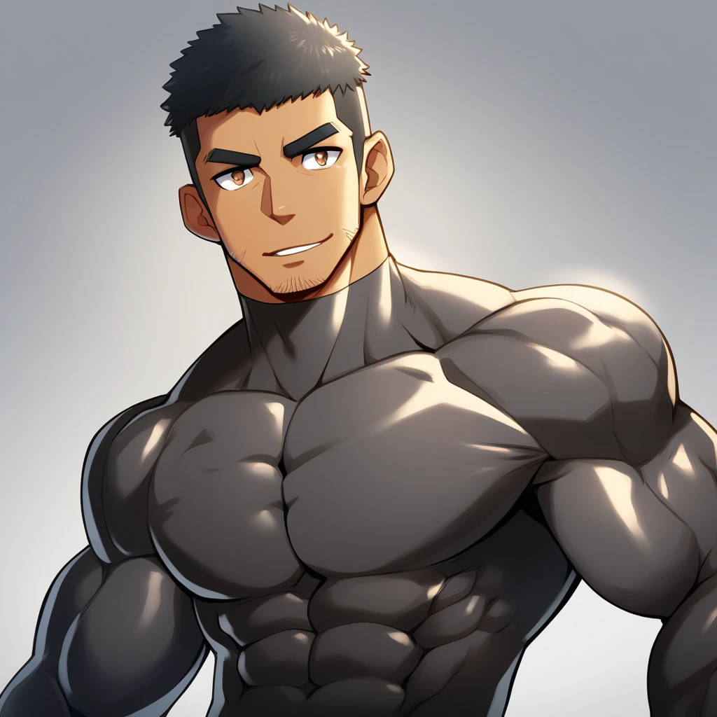 anime characters:Gyee, Muscle Sports Student, ????? black skin, 1 dark skin muscular tough guy, Manliness, male focus, Brown long-sleeved high-necked tight diving suit, Very tight, Round, full and perky chest muscles, Perfect waist line, Slightly transparent, muscular male, muscular, only, Upper body, alone, Black short hair, Thick eyebrows, stubble, Brown eyes, Grey background, simple background, amazing quality, best aesthetics, Ridiculous, bright pupils, crew cut, parted lips, seductive smile, torogao, naughty face, best quality