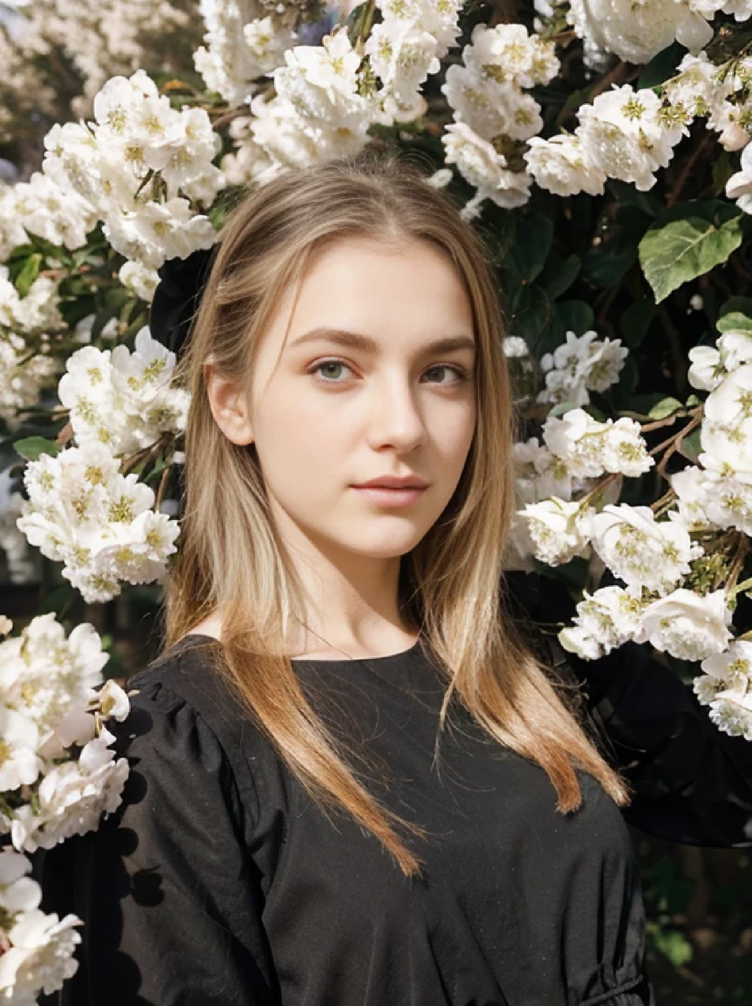 Slavic girl against the backdrop of a blooming park, flowering trees. black dress. Sunlight on hair