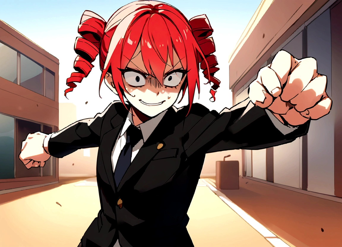 Red hair、Black suit、punch、Scary smile、office、Daytime、punching,Front facing,Momentum、Front facing
