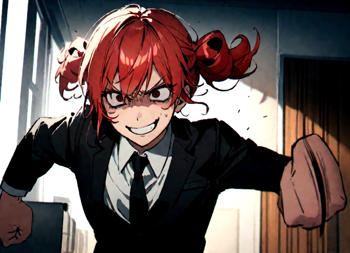 Red hair、Black suit、punch、Scary smile、office、Daytime、punching,Front facing,Momentum、Front facing
