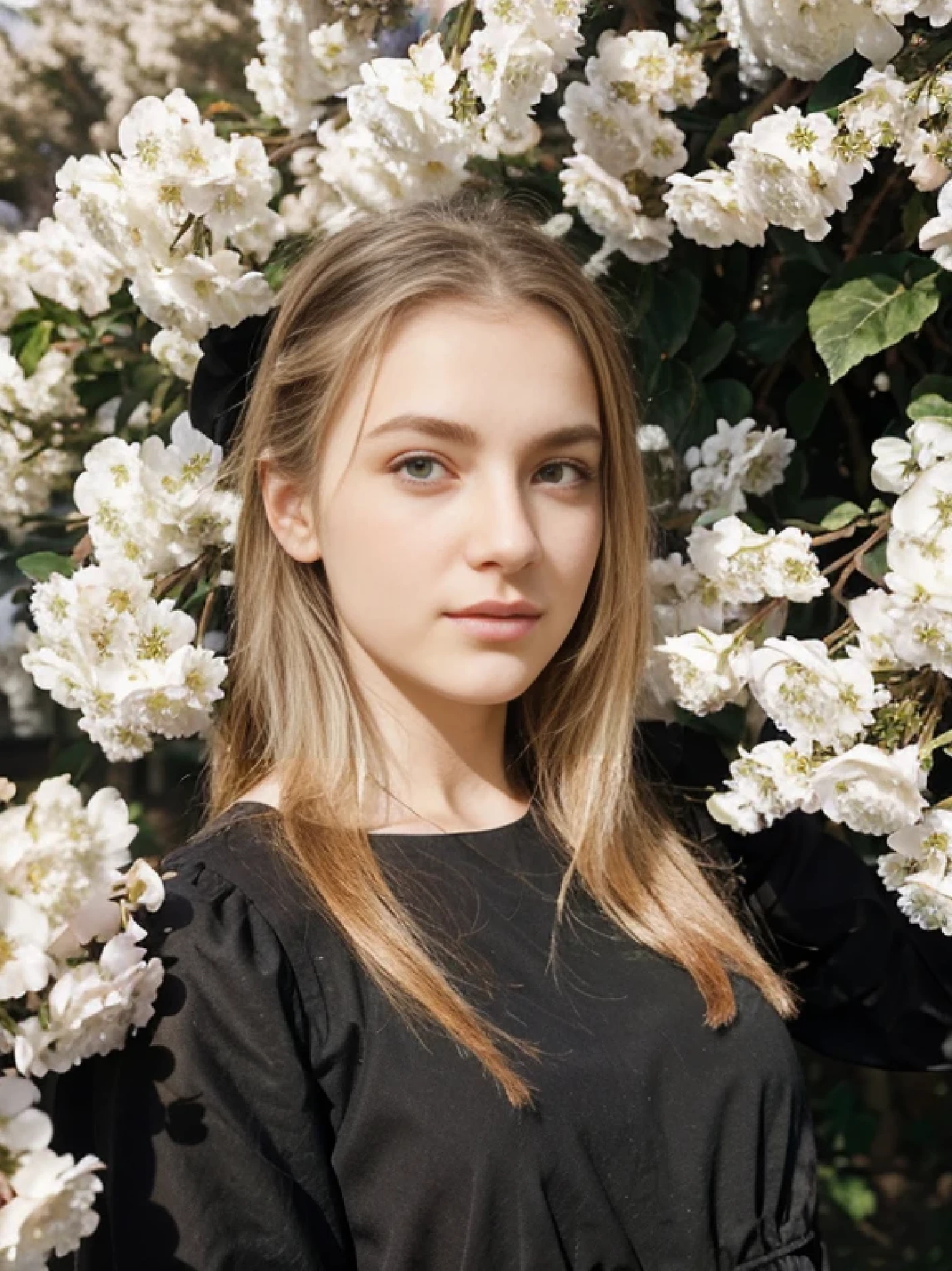 Slavic girl against the backdrop of a blooming park, flowering trees. black dress. Sunlight on hair