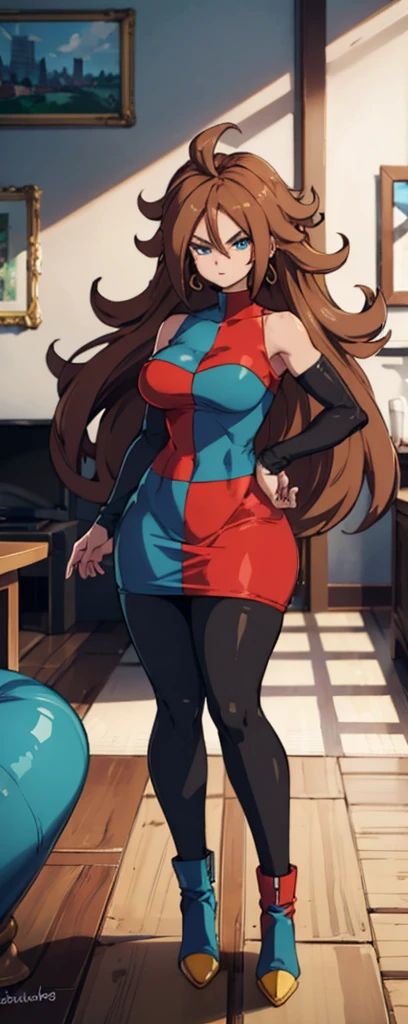 android 21, pose lateral, She is sideways to the spectator, sideways to camera, long brown hair, blue colored eyes, plaid dress, pantyhose, looking to the side, pose lateral, standing, ele está standing, serious, livingroom, light bulb, high qualiy, work of art, legs thick, big-ass, body healed,