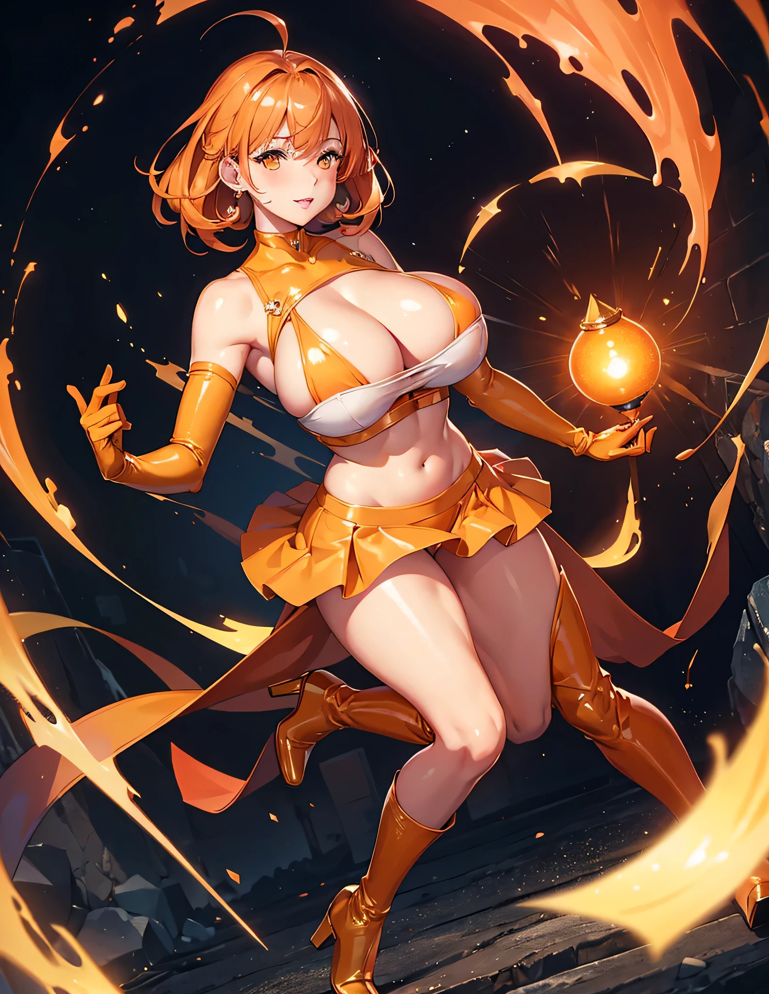 Full body, beautiful orange eyes, blush, cute face, high quality, 8k, high resolution, (1 cute woman, solo: 1.1), gigantic breasts, lips, beautiful background, orange hair, shiny orange crop top, shiny orange skirt, shiny orange gloves, shiny orange heel boots, naked shoulders