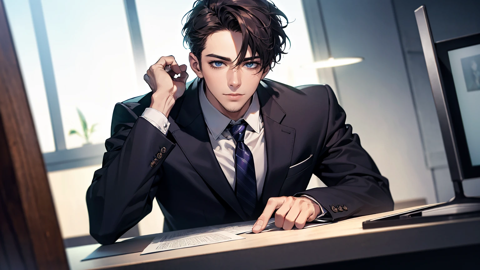 (Highest quality,4K,8K,High resolution,masterpiece:1.2),Super detailed,(Realistic,photoRealistic,photo-Realistic:1.37),1 person,31 years old,Mature Men,very handsome,Expressionless,smile,Purple Short Hair,blue eyes,Sharp Eyes,A perfect face without a doubt,Intimidating posture,Businessman,Office Background,Cinema Lighting,HDR image