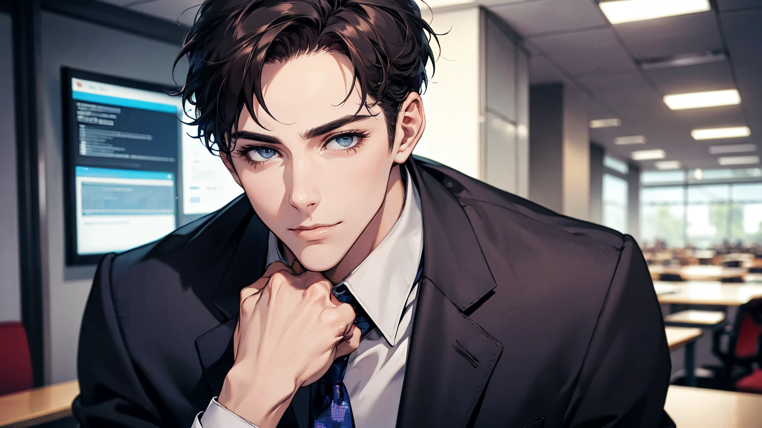 (Highest quality,4K,8K,High resolution,masterpiece:1.2),Super detailed,(Realistic,photoRealistic,photo-Realistic:1.37),1 person,31 years old,Mature Men,very handsome,Expressionless,smile,Purple Short Hair,blue eyes,Sharp Eyes,A perfect face without a doubt,Intimidating posture,Businessman,Office Background,Cinema Lighting,HDR image