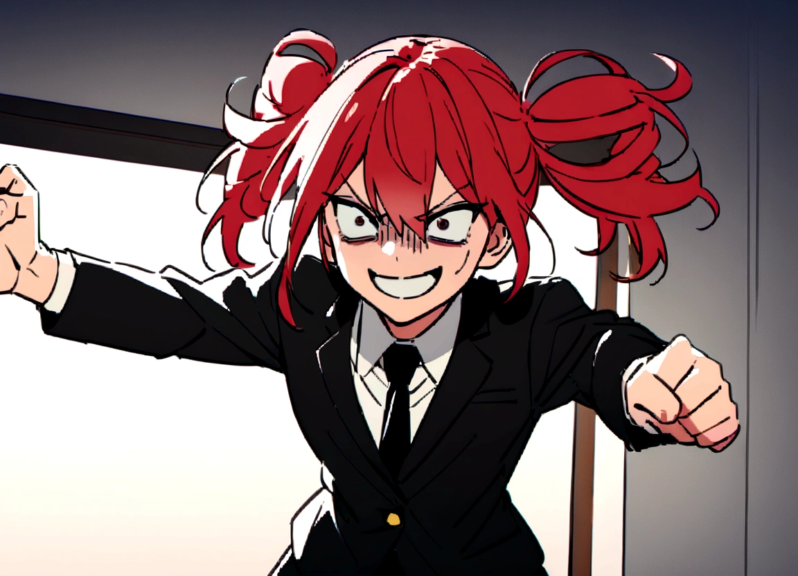 Red hair、Black suit、punch、Scary smile、office、Daytime、punching,Front facing,Momentum、Front facing