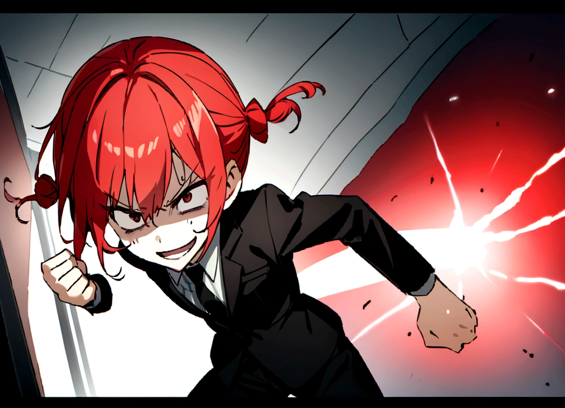 Red hair、Black suit、punch、Scary smile、office、Daytime、punching,Front facing,Momentum、Front facing