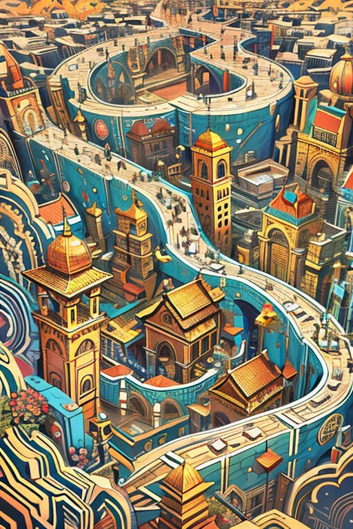 Illustration of a complex maze with multiple branches, Telling a different story. Inspired by the art style of MC Escher, The maze features intricate lines and fantastic perspective.. Vivid and contrasting color palette, A maze conveys the idea that there are different paths to explore.. The expressions of the characters in the maze are full of surprise and curiosity.. The lighting is bright、The atmosphere is one of discovery and challenge..--v 5 --stylize 1000