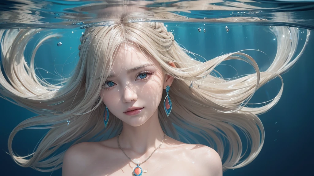 （Highest Quality Realistic Textured Skin),(terrible),(OK, round, Symmetrical eyes),Delicate facial features,(Burning bright cold eyes),(She has a mischievous smile),(Her face is kind and beautiful),Glass earrings in the ears,,(blonde),(Silvery white hair),(Chestnut Hair),(Swim at the bottom of the ocean)，(Full body portrait:1.5),(Dramatic Photos:1.4),(Dramatic Pose),(Flashy photos)(look up),(Looking down),(Around her neck is a simple necklace made with exquisite craftsmanship.),Cluttered photos，(Hair flowing in water:1.5),(Underwater, Life at sea, 美しいCoral Reef, fish),(Background vortices and currents),(Dramatic Light),(Nice views),(美しいfishに囲まれて),遠くの背景にはCoral Reefに沈んだ寺院が見える,Coral Reef,Spectacular realism,Cinematic atmosphere,(High-density image review:1.5),(Soft colors:1.2),Very detailed,Dramatic Light,(Intricate details:1.1),Complex background,