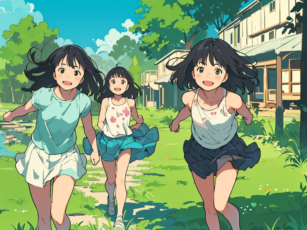 reasonable design, Clear lines, High Sharpness, (highest quality,8K,Perfect sharpness,Ultra fine,High resolution,masterpiece:1.2), Perfect Anatomy:1.5, Official Art, Illustrations that tell a story, (Whitish background:0. 9）、Body Positivity、More Mr.Physical expression、（Random and mischievous poses）、Perfect beauty、Perfect beautiful face、Strong winds、A rich expression、Dynamic composition、smile、Golden ratio composition、colorful、（Mr.Different angles and perspectives）、anime art、mini skirt、（Overcoming stereotypes）、 Glowing Skin、（Natural beauty）、smile、bangs、Straight Hair、（Soft and flowing hair）、（Rural Scenery）、（Nostalgic atmosphere）、Insert up to the thighs、（Playful and carefree）、（More Mr.Ethnic characters）、（innocent attitude）、（Sunny atmosphere）、Skirt flipped up、（Bright colors）、Belly button exposed、Beautiful Eyes、A skirt fluttering in the wind、Put it in to your feet、Some composition patterns、Tank top、ル、sensuous、Geometric pattern、