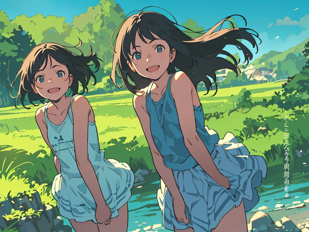 reasonable design, Clear lines, High Sharpness, (highest quality,8K,Perfect sharpness,Ultra fine,High resolution,masterpiece:1.2), Perfect Anatomy:1.5, Official Art, Illustrations that tell a story, (Whitish background:0. 9）、Body Positivity、More Mr.Physical expression、（Random and mischievous poses）、Perfect beauty、Perfect beautiful face、Strong winds、A rich expression、Dynamic composition、smile、Golden ratio composition、colorful、（Mr.Different angles and perspectives）、anime art、mini skirt、（Overcoming stereotypes）、 Glowing Skin、（Natural beauty）、smile、bangs、Straight Hair、（Soft and flowing hair）、（Rural Scenery）、（Nostalgic atmosphere）、Insert up to the thighs、（Playful and carefree）、（More Mr.Ethnic characters）、（innocent attitude）、（Sunny atmosphere）、Skirt flipped up、（Bright colors）、Belly button exposed、Beautiful Eyes、A skirt fluttering in the wind、Put it in to your feet、Some composition patterns、Tank top、ル、sensuous、Geometric pattern、