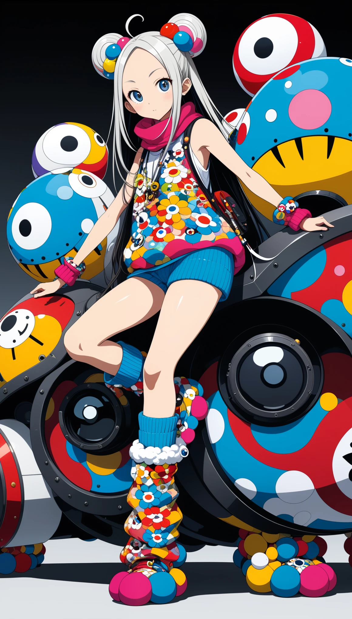 in style of Takashi Murakami, character concept design, legs,fullbdoy shot,(((oversize leg warmers))),wide angle, form below,oversize clothes,leaning forward,pointing at viewer,sit on the edge of the tank