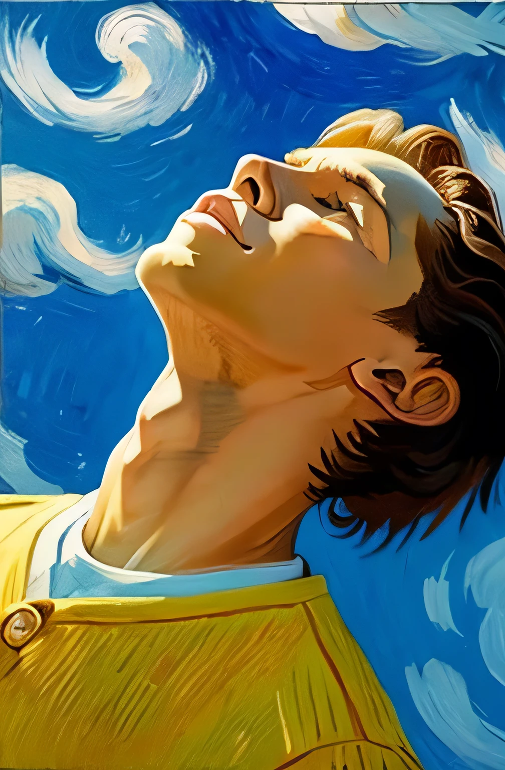 Generate a painting of a young man looking up at a blue sky in the style of Vincent van Gogh.