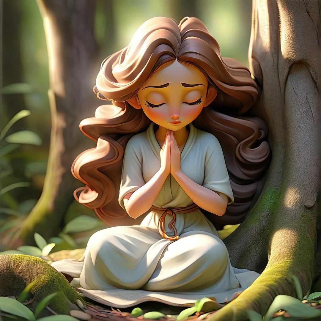 Sob a serene glass, on a peaceful day, a woman in the forest , in voracious prayer. Bible in hands, words of light, Seek the comfort that faith always translates. The shadow of the tree, shelter and refreshment, A sacred encounter, an ethereal moment. With eyes closed and heart open, Pray fervently, search for the right path. Every leaf that falls, a divine whisper, Guiding your words, showing the destination. On sacred ground, your soul surrenders, To God omnipresent, his life he extends. under the tree, symbol of life and shelter, a woman and her faith, in an old dialogue. kneeling in prayer, her strength she renews.